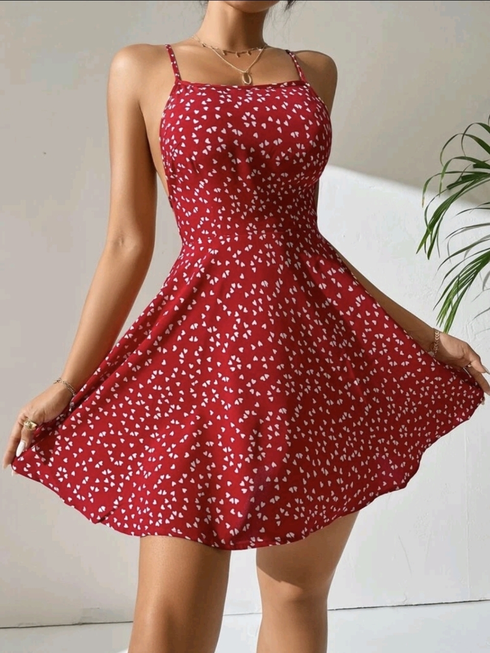 SHEIN Adjustable Red Confetti Heart Print Criss Cross Tie Spaghetti Strap Dress